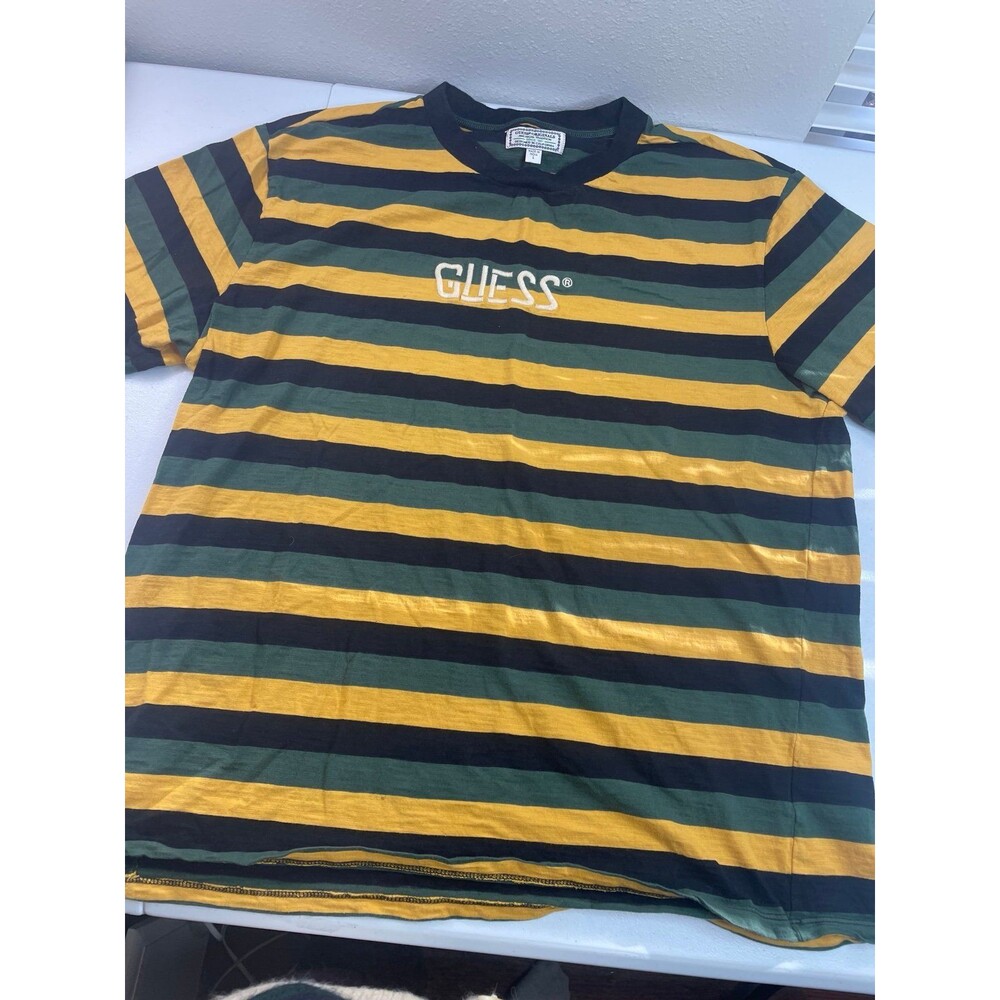 Vintage Y2K Guess Originals Striped Tee Green Yellow Logo Shirt Mens L - Picture 2 of 7